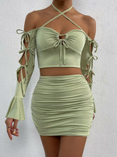Long Sleeve Off Shoulder Crop Tops & Ruched Skirts